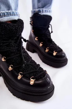 Damskie Boto Skórzane Ocieplane Botki Trapery Czarne Arisa