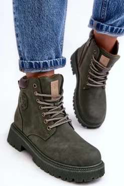 Best Evento Skórzane Ocieplane Botki Trapery Ciemnozielone Felizia