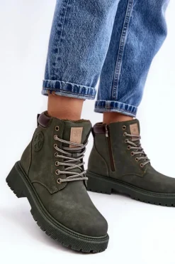 Best Evento Skórzane Ocieplane Botki Trapery Ciemnozielone Felizia