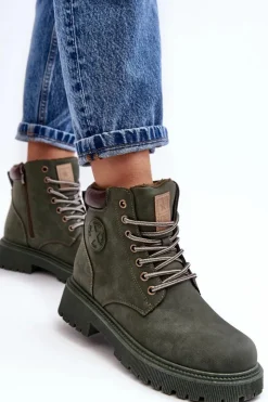 Best Evento Skórzane Ocieplane Botki Trapery Ciemnozielone Felizia