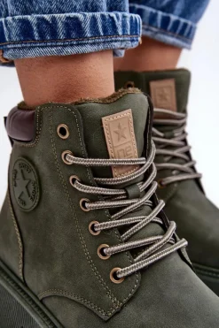 Best Evento Skórzane Ocieplane Botki Trapery Ciemnozielone Felizia