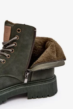 Best Evento Skórzane Ocieplane Botki Trapery Ciemnozielone Felizia
