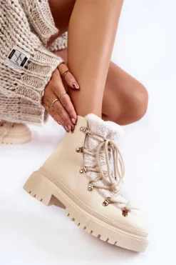 Boto Damskie Trapery|Botki Sznurowane*Skórzane Ocieplane Botki Trapery Jasnobeżowe Arisa