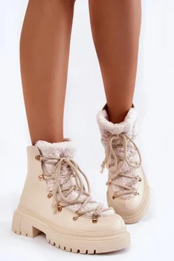Boto Damskie Trapery|Botki Sznurowane*Skórzane Ocieplane Botki Trapery Jasnobeżowe Arisa