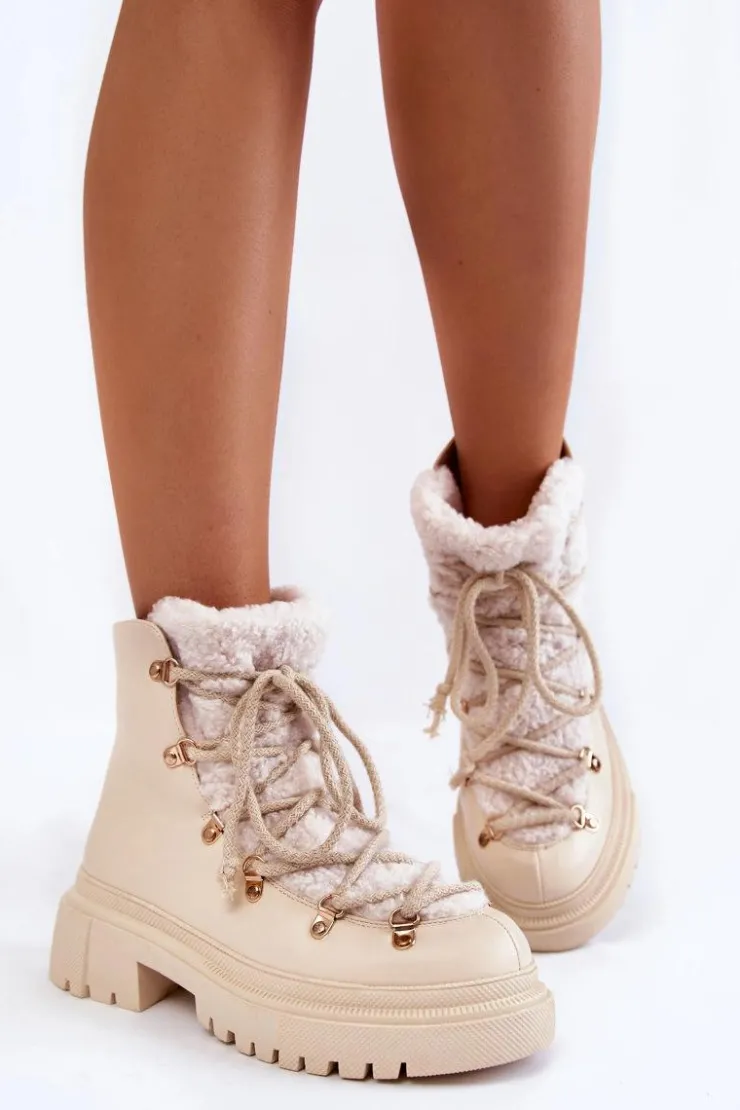 Boto Damskie Trapery|Botki Sznurowane*Skórzane Ocieplane Botki Trapery Jasnobeżowe Arisa