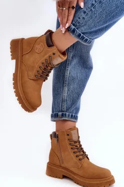 Damskie Evento Skórzane Ocieplane Botki Trapery Camel Felizia