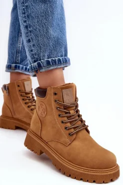 Damskie Evento Skórzane Ocieplane Botki Trapery Camel Felizia