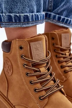 Damskie Evento Skórzane Ocieplane Botki Trapery Camel Felizia