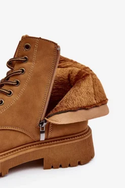 Damskie Evento Skórzane Ocieplane Botki Trapery Camel Felizia