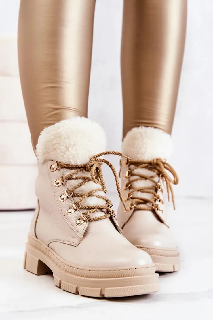 Boto Damskie Trapery|Botki Sznurowane*Skórzane Ocieplane Botki Trapery Beżowe Molissa