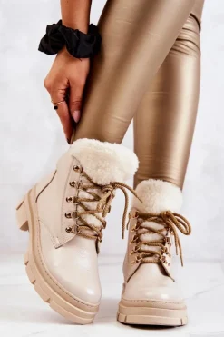 Boto Damskie Trapery|Botki Sznurowane*Skórzane Ocieplane Botki Trapery Beżowe Molissa