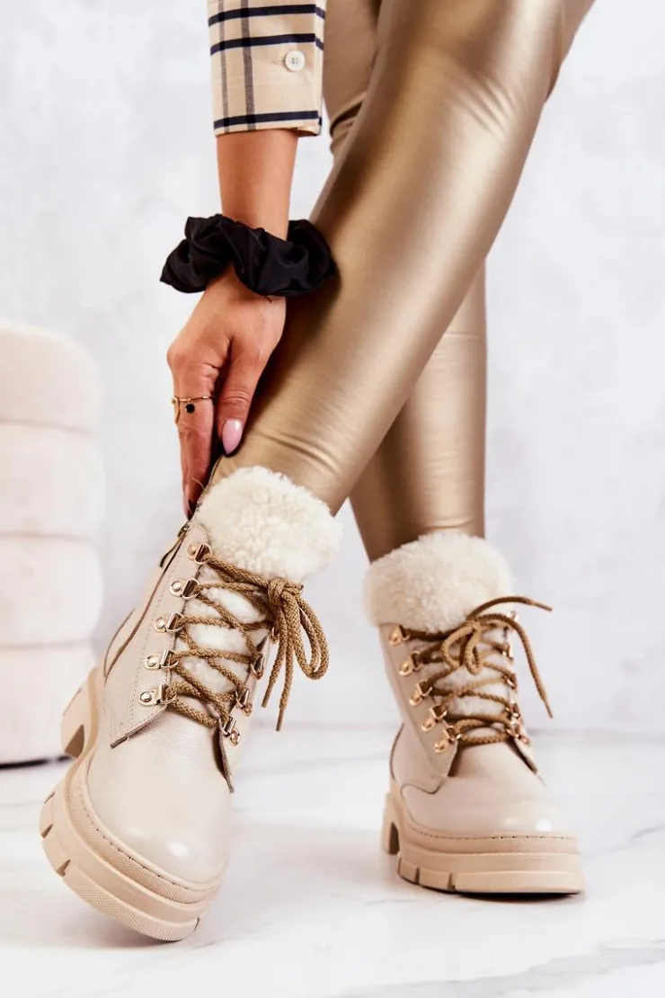Boto Damskie Trapery|Botki Sznurowane*Skórzane Ocieplane Botki Trapery Beżowe Molissa