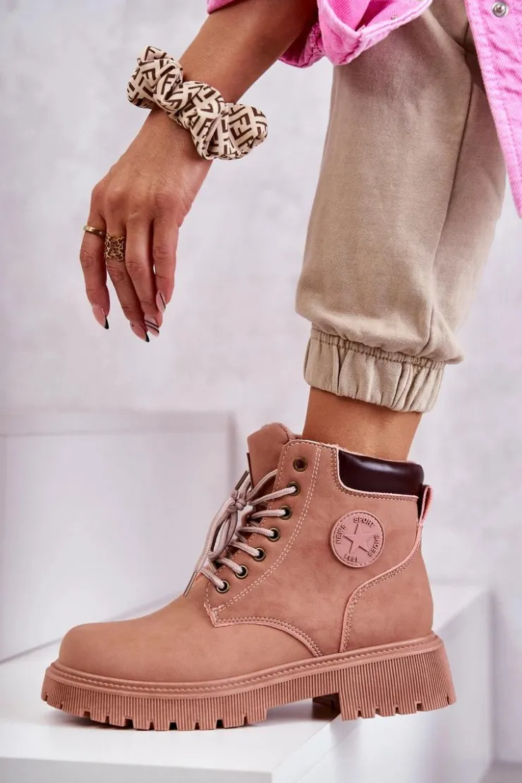 Clearance Evento Skórzane Ocieplane Botki Trapery Różowe Felizia