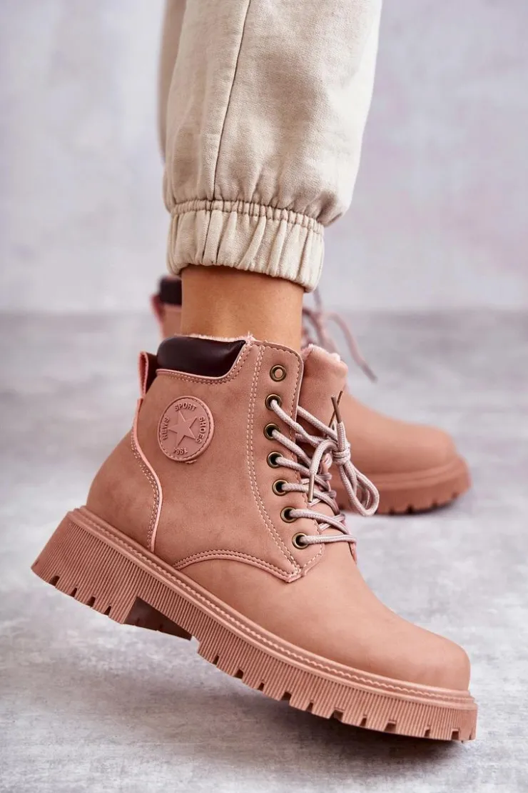 Clearance Evento Skórzane Ocieplane Botki Trapery Różowe Felizia