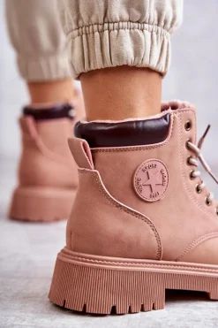 Clearance Evento Skórzane Ocieplane Botki Trapery Różowe Felizia