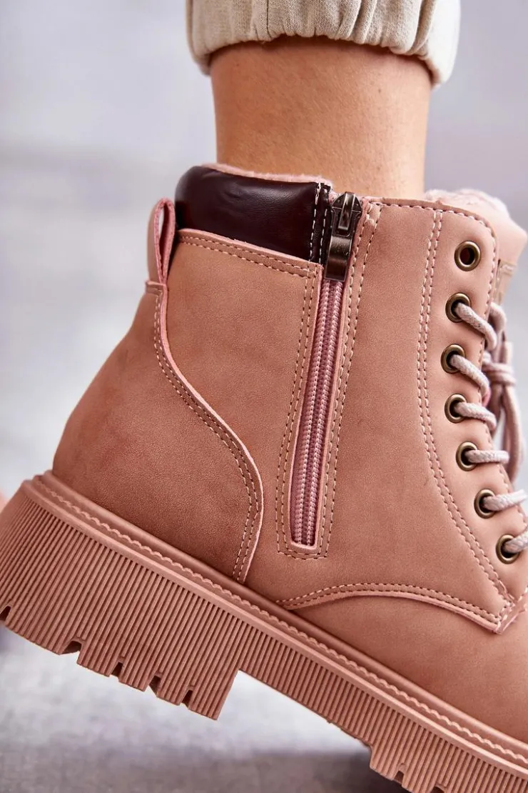 Clearance Evento Skórzane Ocieplane Botki Trapery Różowe Felizia