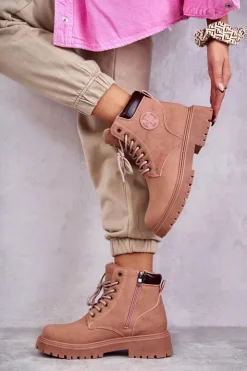 Clearance Evento Skórzane Ocieplane Botki Trapery Różowe Felizia