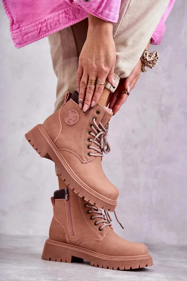 Clearance Evento Skórzane Ocieplane Botki Trapery Różowe Felizia