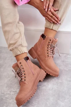 Clearance Evento Skórzane Ocieplane Botki Trapery Różowe Felizia