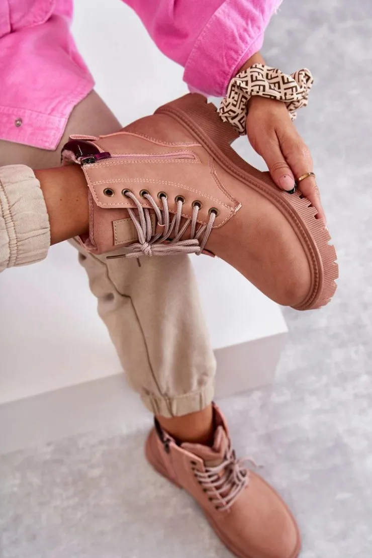 Clearance Evento Skórzane Ocieplane Botki Trapery Różowe Felizia