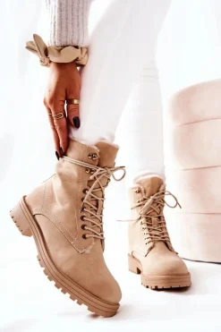 Damskie Boto Skórzane Ocieplane Botki Workery Beżowe Kimmie