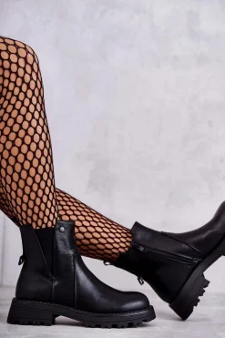 Damskie Boto Skórzane Ocieplane Botki Workery Na Płaskim Obcasie Czarne Salome