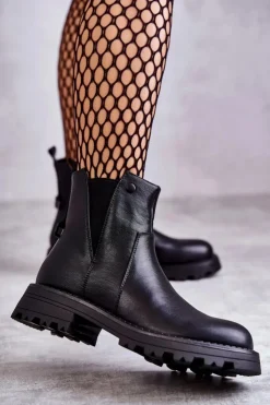 Damskie Boto Skórzane Ocieplane Botki Workery Na Płaskim Obcasie Czarne Salome