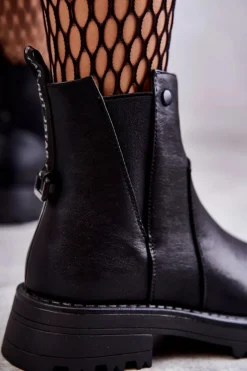 Damskie Boto Skórzane Ocieplane Botki Workery Na Płaskim Obcasie Czarne Salome