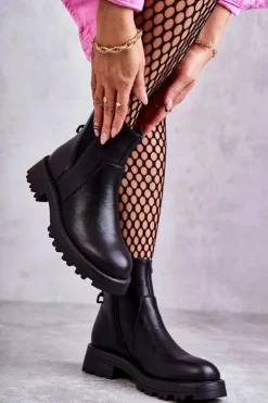 Damskie Boto Skórzane Ocieplane Botki Workery Na Płaskim Obcasie Czarne Salome