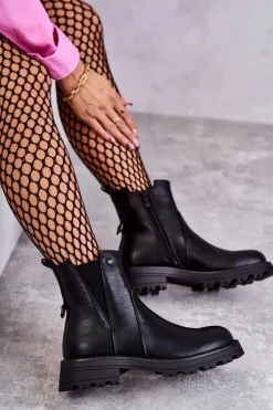 Damskie Boto Skórzane Ocieplane Botki Workery Na Płaskim Obcasie Czarne Salome