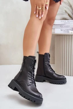 Big Star Shoes Skórzane Ocieplane Botki Workery Damskie Big Star OO274A387 Czarne