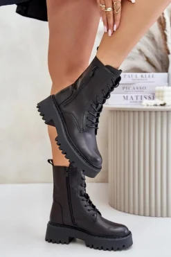 Big Star Shoes Skórzane Ocieplane Botki Workery Damskie Big Star OO274A387 Czarne