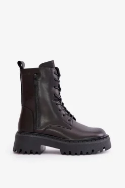 Big Star Shoes Skórzane Ocieplane Botki Workery Damskie Big Star OO274A387 Czarne