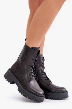 Big Star Shoes Skórzane Ocieplane Botki Workery Damskie Big Star OO274A387 Czarne