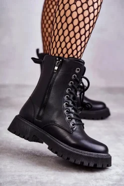 Damskie Evento Skórzane Ocieplane Botki Workery wiązane Czarne Maria