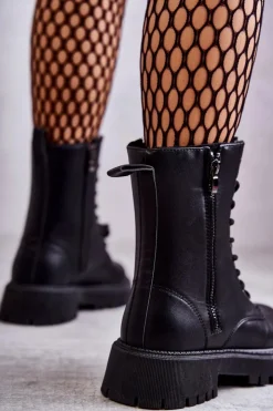 Damskie Evento Skórzane Ocieplane Botki Workery wiązane Czarne Maria