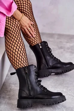 Damskie Evento Skórzane Ocieplane Botki Workery wiązane Czarne Maria