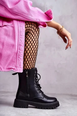 Damskie Evento Skórzane Ocieplane Botki Workery wiązane Czarne Maria