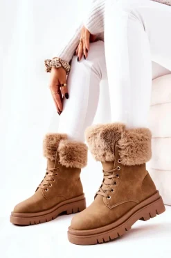 Boto Damskie Trapery|Botki Sznurowane*Skórzane Ocieplane Botki Z Futerkiem Beżowe Farley