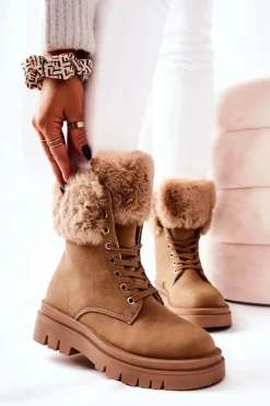 Boto Damskie Trapery|Botki Sznurowane*Skórzane Ocieplane Botki Z Futerkiem Beżowe Farley