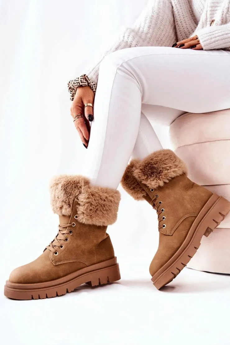 Boto Damskie Trapery|Botki Sznurowane*Skórzane Ocieplane Botki Z Futerkiem Beżowe Farley