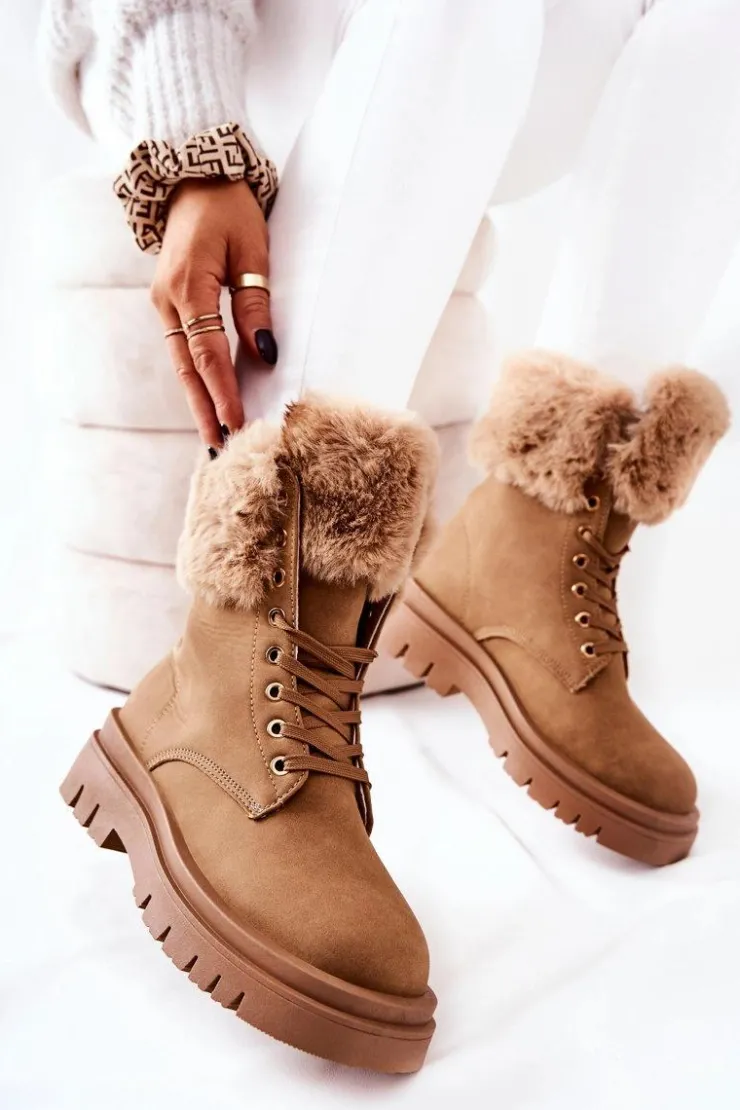 Boto Damskie Trapery|Botki Sznurowane*Skórzane Ocieplane Botki Z Futerkiem Beżowe Farley