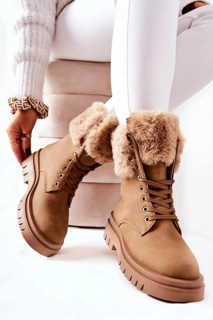 Boto Damskie Trapery|Botki Sznurowane*Skórzane Ocieplane Botki Z Futerkiem Beżowe Farley