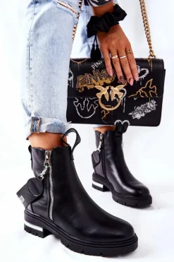 Damskie Boto Skórzane Ocieplane Botki Z Suwakiem Czarne Cortona