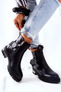 Damskie Boto Skórzane Ocieplane Botki Z Suwakiem Czarne Cortona