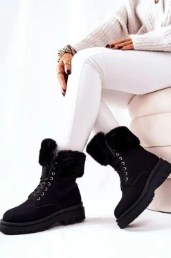 Damskie Boto Skórzane Ocieplane Botki Z Futerkiem Czarne Farley