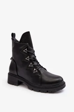 Discount Damskie buty S.Barski Skórzane Ocieplane Botki Z Dżetami Czarne Gwen S.Barski HY93-52A