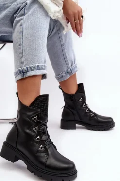 Discount Damskie buty S.Barski Skórzane Ocieplane Botki Z Dżetami Czarne Gwen S.Barski HY93-52A