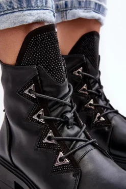 Discount Damskie buty S.Barski Skórzane Ocieplane Botki Z Dżetami Czarne Gwen S.Barski HY93-52A