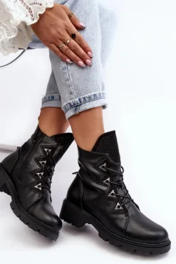 Discount Damskie buty S.Barski Skórzane Ocieplane Botki Z Dżetami Czarne Gwen S.Barski HY93-52A